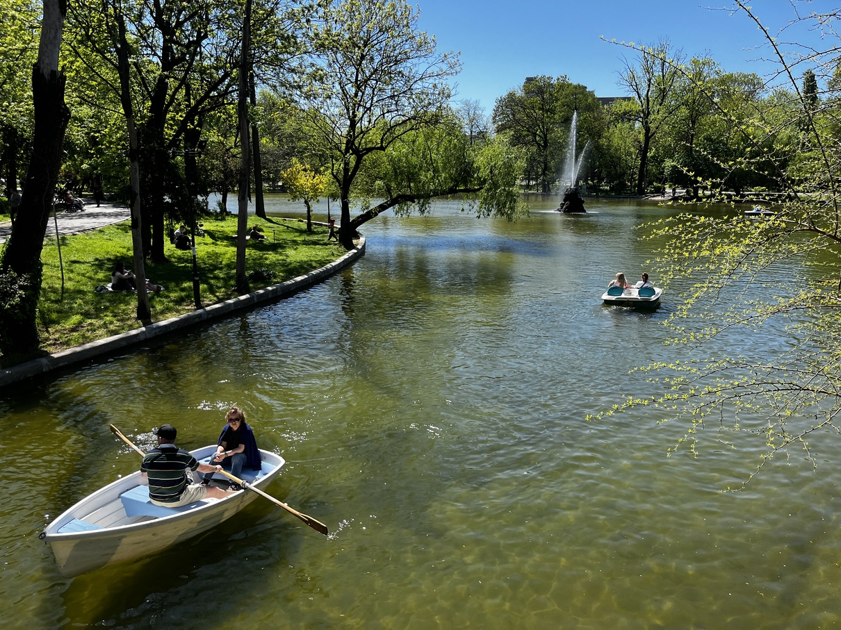 Pedal boats on the lake with weeping willows in Cișmigiu Gardens, Bucharest