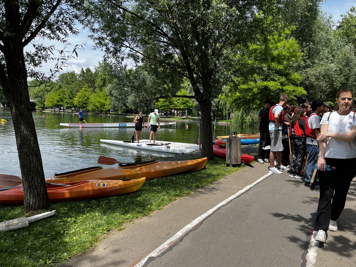 Kayak Champions rental station and Club Sportiv Titan on the shore of Lake Titan, IOR Park Bucharest