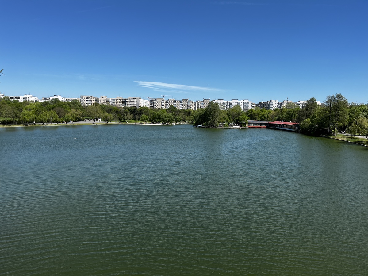 Panoramic view of Lake Tineretului and the lakeside terrace, Bucharest