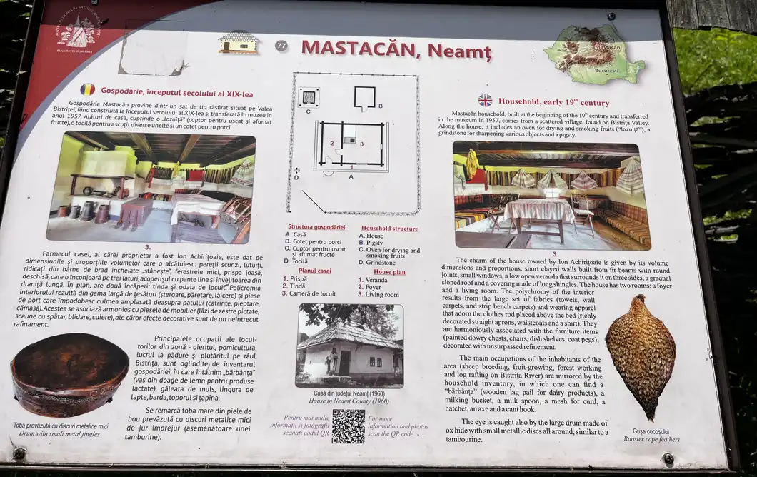 Information panel for the Mastacăn household, with its floor plan and fruit-drying oven.