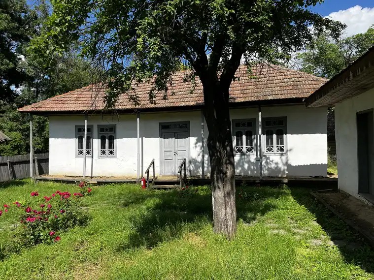 House from Piatra Șoimului in Neamț, framed by a tree and flower garden.