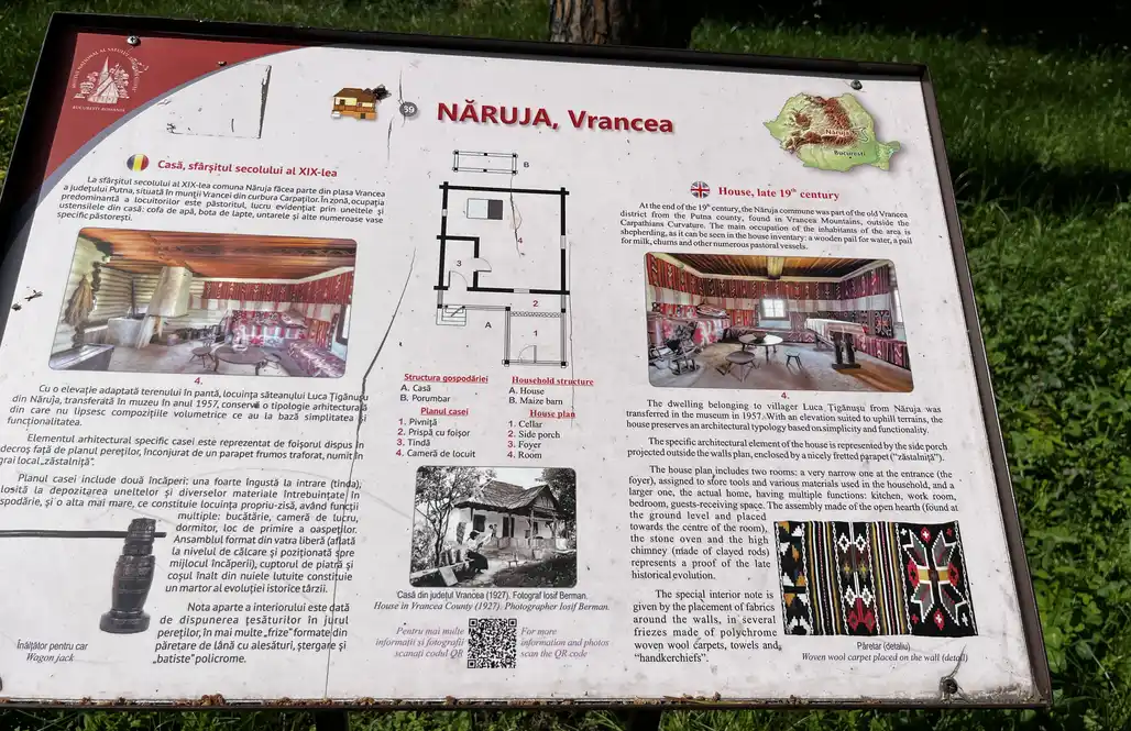 Information panel for the Năruja house, showing its floor plan and projecting porch.
