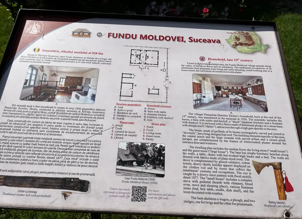 Information panel for the Fundu Moldovei household and its outbuildings.