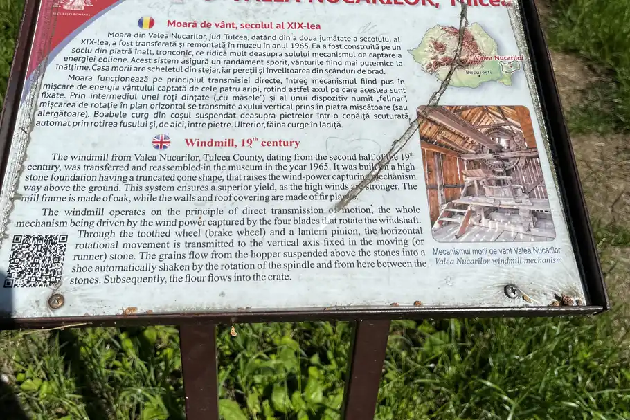 Information panel for the Valea Nucărilor windmill, explaining its mechanism.
