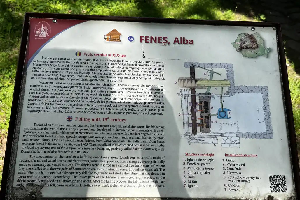 Information panel for the Feneș fulling mill and its water-powered wool-working process.