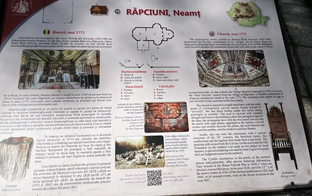 Information panel for the Răpciuni wooden church and its rescue.