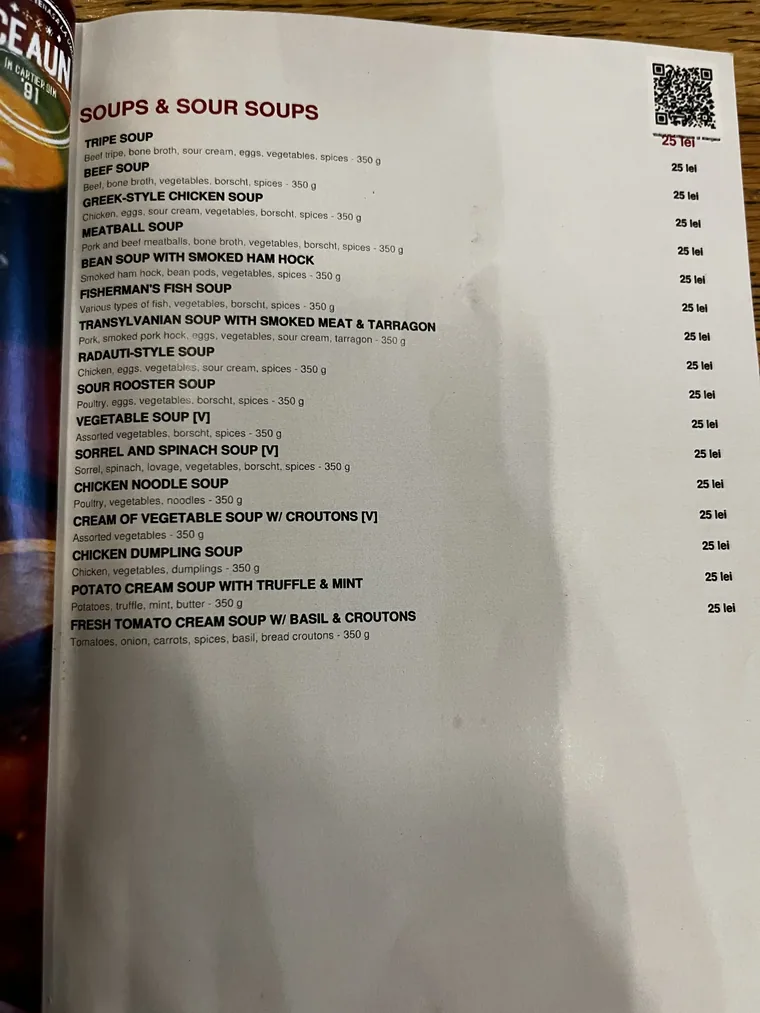 English soup menu photographed at Restaurant Ceaun in May 2026.