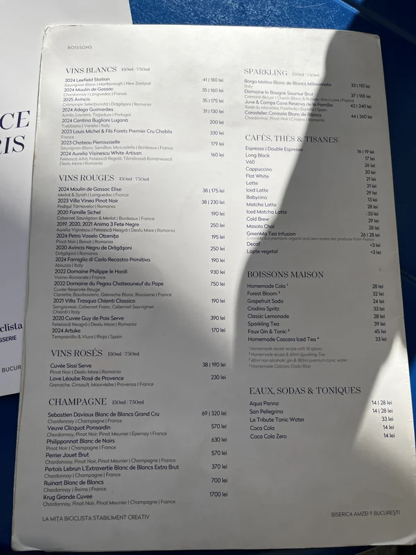 Printed coffee, tea and wine menu with prices at La Mița Biciclista