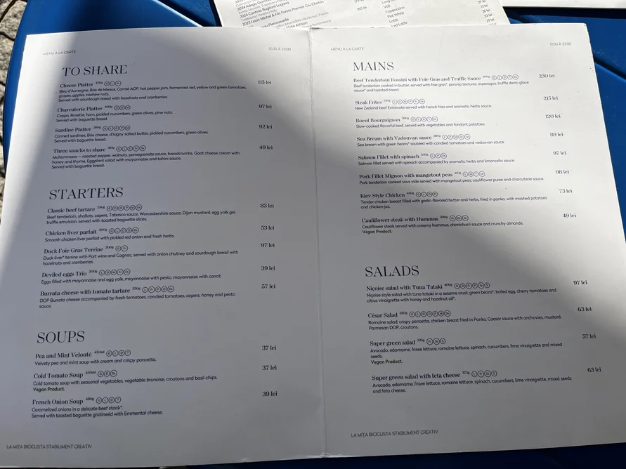 La Mița Biciclista printed food menu with starters, soups, mains and salads