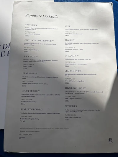 La Mița Biciclista signature cocktail menu with drink descriptions and prices