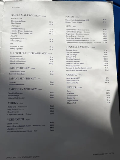 La Mița Biciclista drinks menu showing whisky, rum, tequila and beer