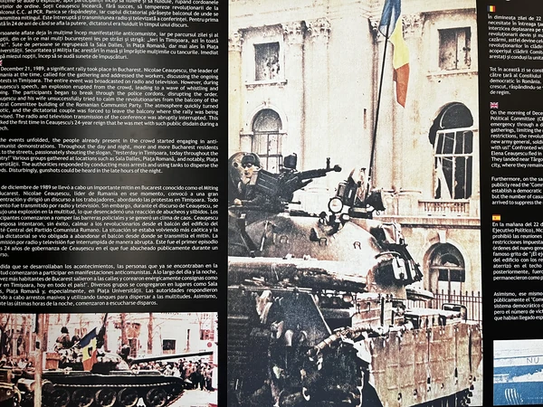 Multilingual December 1989 information panel with photographs of crowds and military vehicles.