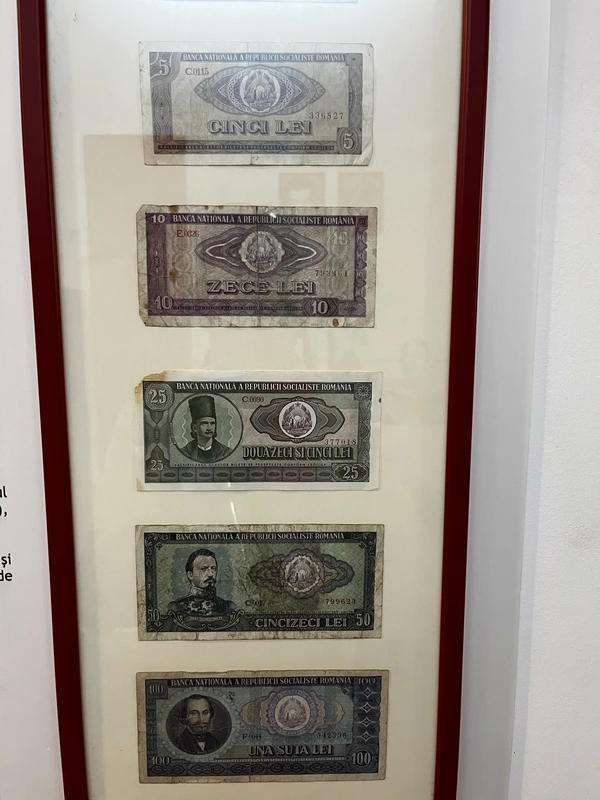 Framed Romanian banknotes with denominations of 5, 10, 25, 50 and 100 lei.
