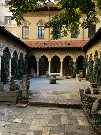 Entrance into the courtyard and columned galleries at Stavropoleos Monastery.