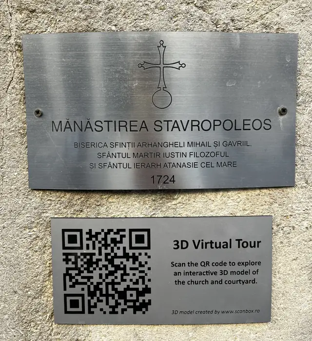 Stavropoleos Monastery plaque and QR code for its 3D virtual tour.